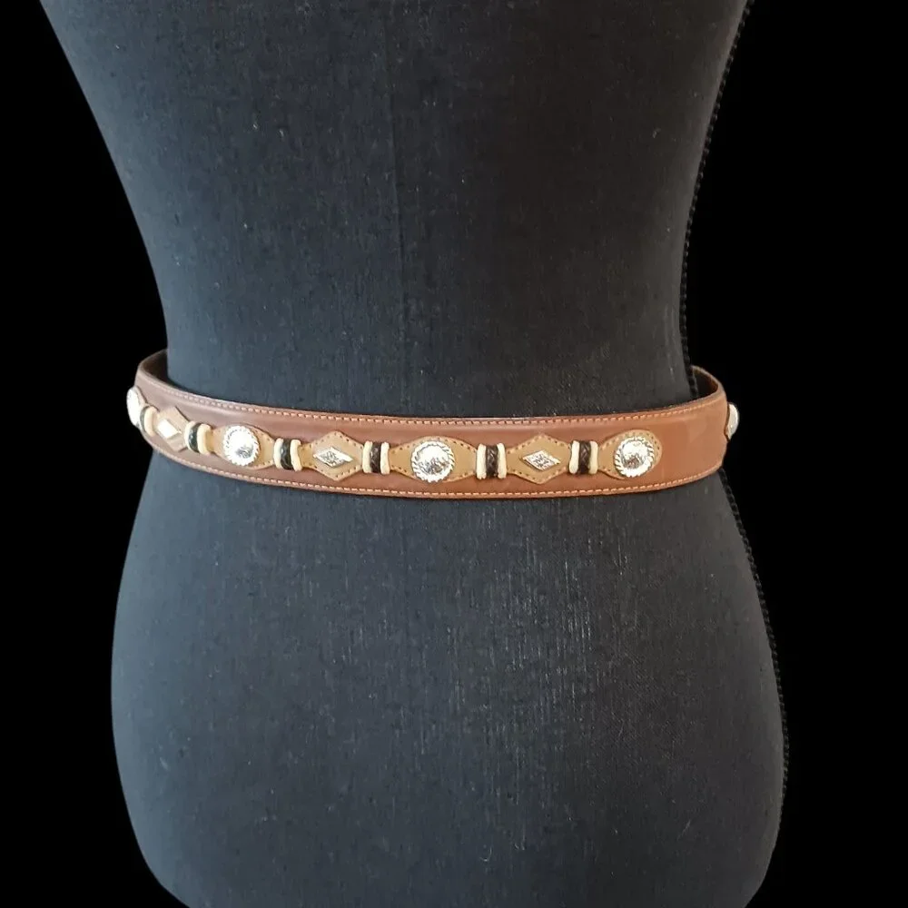Justen Brown Leather and Tan Suede 26" Western Belt with Embellished Back - Picture 4 of 12